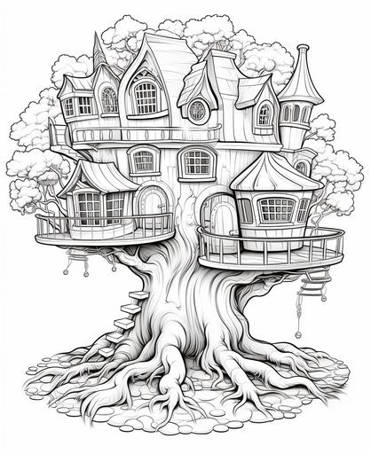 Coloring page for kids, Coloring a fairy tree library, Cartoon Style, Low Detail, Thick Line, Interior View, with fairy scholars --ar 9:11