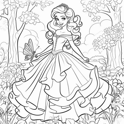 Coloring page for kids, Coloring a princess in a garden filled with magical insects, Cartoon Style, Low Detail, Thick Line, Princess Full Body, style of dress – nature-inspired gown.
