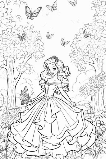 Coloring page for kids, Coloring a princess in a garden filled with magical insects, Cartoon Style, Low Detail, Thick Line, Princess Full Body, style of dress – nature-inspired gown.