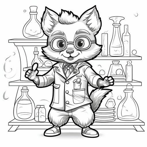 Coloring page for kids, Dapper Animal Dancers fox in a lab, cartoon style, thick lines, low details, no shadow –ar 9:11