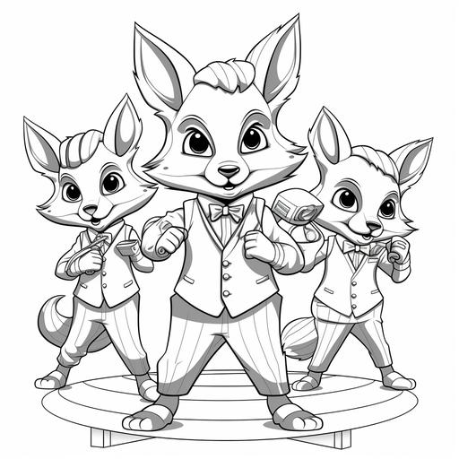 Coloring page for kids, Dapper Animal Dancers fox in a lab, cartoon style, thick lines, low details, no shadow –ar 9:11