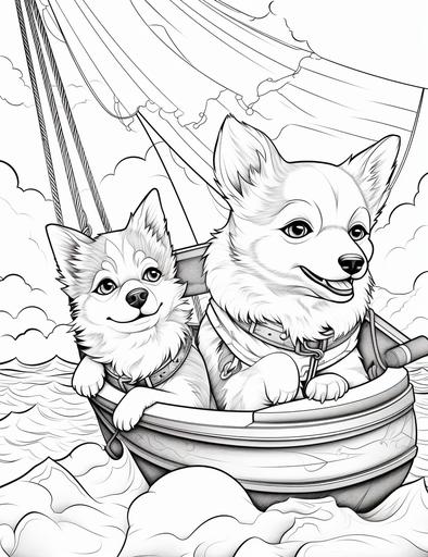 Coloring page for kids, Dogs and cats sailing on a pirate ship adventure, cartoon style, thick lines, low detail, black and white, no shading --ar 85:110