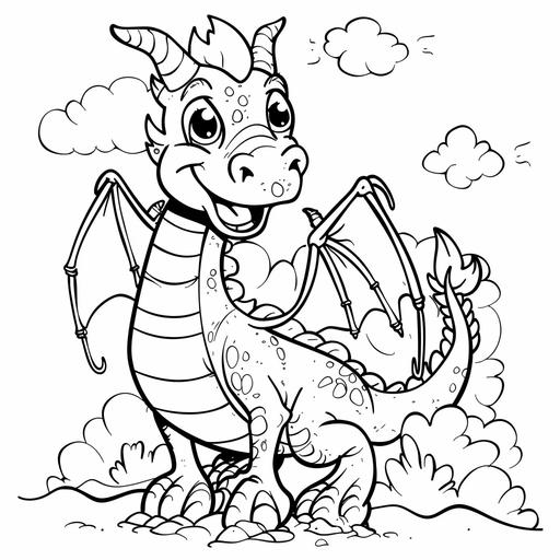 Coloring page for kids, Dragon cartoon style, black and white, thick lines, low deatail