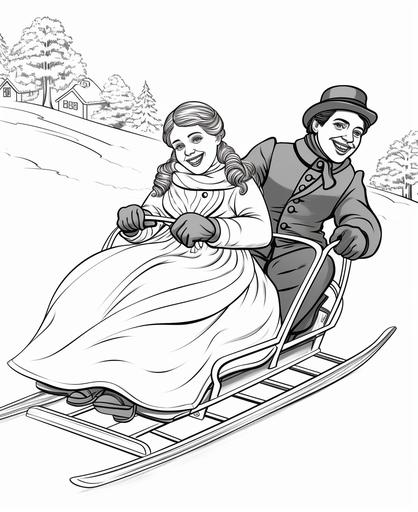 Coloring page for kids, Edwardian winter sports, ice skating, sledding, cartoon style ,joyful, active, nostalgic, thick lines --ar 9:11