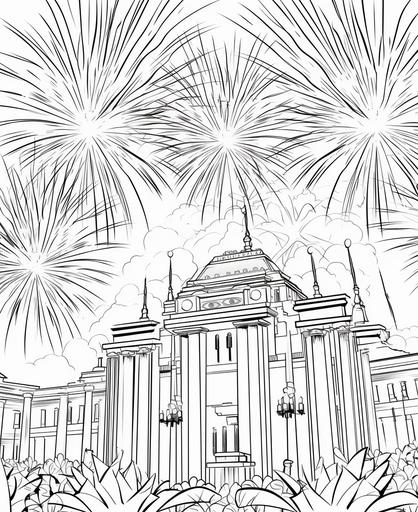 Coloring page for kids, Roaring Twenties New Year's Eve, party, fireworks, cartoon style ,glamorous, celebratory, lively, thick lines --ar 9:11