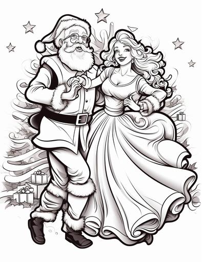 Coloring page for kids, Santa and Mrs. Claus dancing under the mistletoe, cartoon style, thick lines, low detail, black and white, no shading --ar 85:110