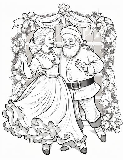 Coloring page for kids, Santa and Mrs. Claus dancing under the mistletoe, cartoon style, thick lines, low detail, black and white, no shading --ar 85:110