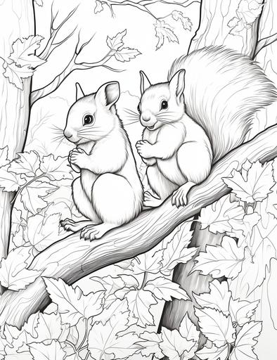 Coloring page for kids, Squirrels scampering through the treetops collecting acorns, cartoon style, thick lines, low detail, black and white, no shading --ar 85:110
