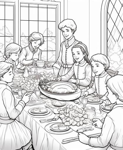 Coloring page for kids, Victorian Christmas feast, grand dining table, cartoon style, elegant, bountiful, historical, thick lines --ar 9:11
