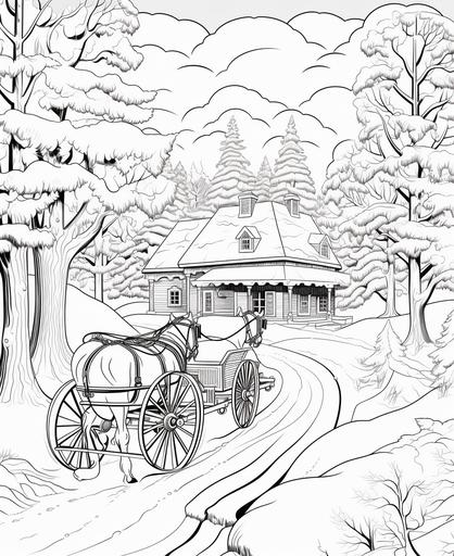 Coloring page for kids, Victorian winter landscape, sleigh, snow, cartoon style ,serene, picturesque, detailed, thick lines --ar 9:11