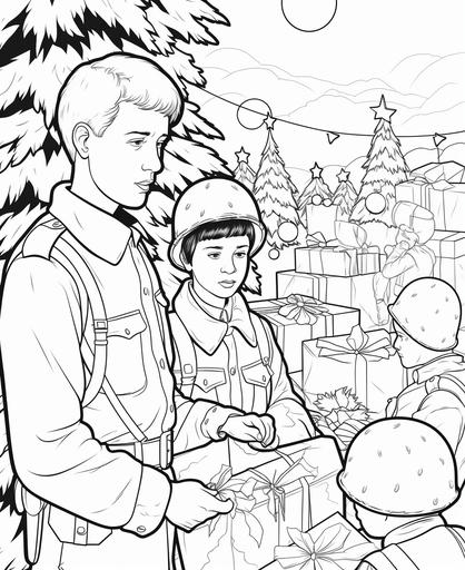 Coloring page for kids, Wartime Christmas letters, families, soldiers, cartoon style ,emotional, poignant, historical, thick lines --ar 9:11
