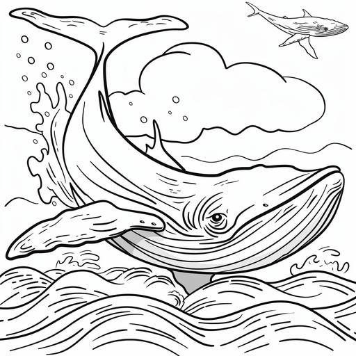 Coloring page for kids, blue wale in the ocean cartoon style, black and white, thick lines, low deatail