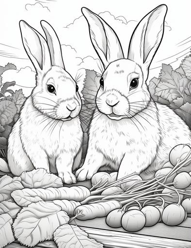 Coloring page for kids, bunnies munching on carrots, cartoon style, thick lines, low detail, black and white, no shading --ar 85:110