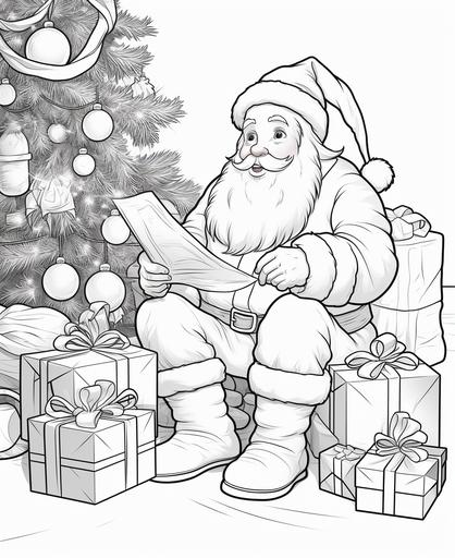 Coloring page for kids, cartoon style, thick lines, no shading, low detail, sanata claus putting presents under a christmas tree --ar 9:11
