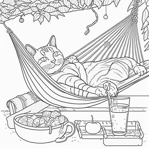 Coloring page for kids, cat lying in a hammock and drinking lemonade, cartoon style, thick lins, low detail, no shading, ar:9:11