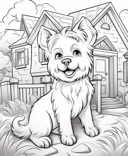 Coloring page for kids, cute Dog in the house, cartoon style, thick lines, low detail, no shading, --ar 9:11