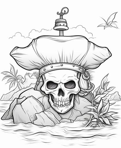Coloring page for kids, cute Pirate's hat adorned with a skull and crossbones on the island, cartoon style, thick lines, low detail, no shading, --ar 9:11