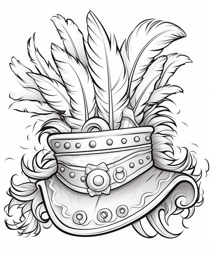 Coloring page for kids, cute Pirate's hat decorated with feathers and jewels on the sand, cartoon style, thick lines, low detail, no shading, --ar 9:11