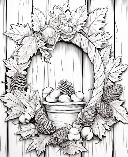 Coloring page for kids, cute Thanksgiving wreath made with autumn leaves, acorns, and pinecones hung on the door, cartoon style, thick lines, low detail, no shading, --ar 9:11