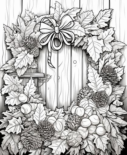 Coloring page for kids, cute Thanksgiving wreath made with autumn leaves, acorns, and pinecones hung on the door, cartoon style, thick lines, low detail, no shading, --ar 9:11