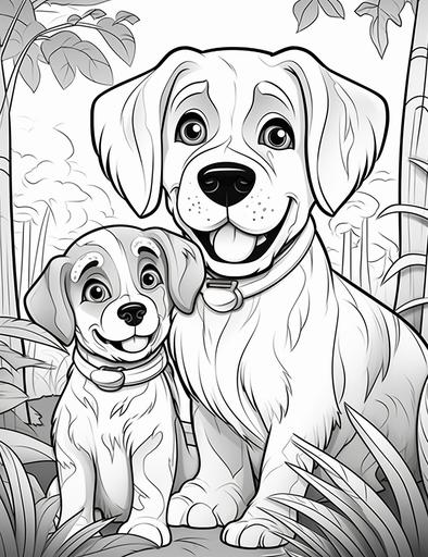 Coloring page for kids, dogs on a jungle safari adventure, cartoon style, thick lines, low detail, black and white, no shading --ar 85:110