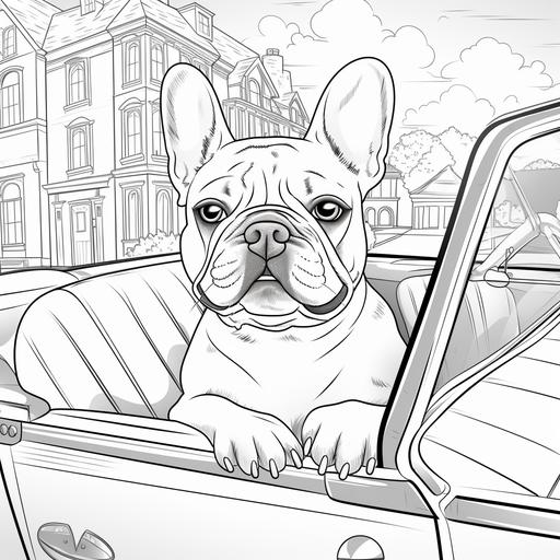 Coloring page for kids, fat french bulldog in a car, cartoon style, thick lines, low detail, no shading