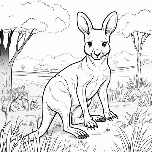 Coloring page for kids, kangaroo, cartoon style, thick line, low detail, no shading.