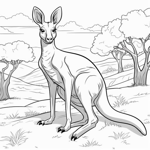 Coloring page for kids, kangaroo, cartoon style, thick line, low detail, no shading.