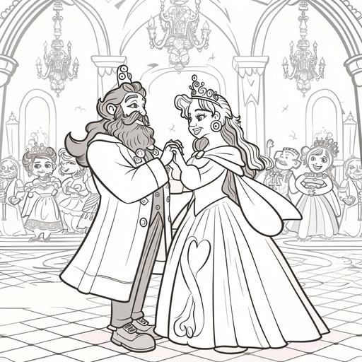 Coloring page for kids, king and queen of the leprechauns dancing in a ballroom full of leprechauns , cartoon style, thick lines, medium detail, black and white - - ar 85: 110