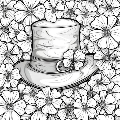 Coloring page for kids, leprechaun hat with a 4 leaf clover in the hat band lying in a bed of clovers , cartoon style, thick lines, medium detail, black and white - - ar 85: 110 --v 6.0