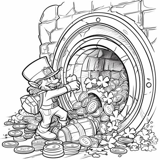 Coloring page for kids, leprechaun opening a bank vault overflowing with shamrocks and coins, cartoon style, thick lines, medium detail, black and white - - ar 85: 110