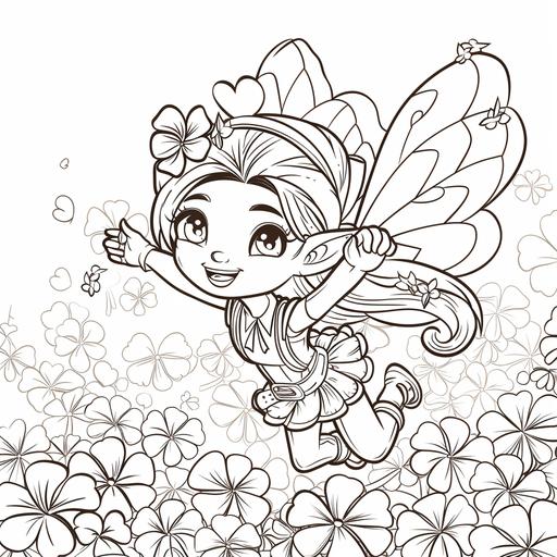 Coloring page for kids, pretty female leprechaun with fairy wings flying over a meadow of clovers, cartoon style, thick lines, medium detail, black and white - - ar 85: 110