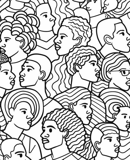 Coloring page for kids, random Black people, style of coloring book, mosaic random patterns in thin detailed lines of people, vector illustration by flaticon and dribble, behance hd, made in figma, adobe xd, sketch, ux, ui, ux/ ui, crisp and pixel - perfect design, black and white, minimalism, flat colored outline icon style, simplistic design, no black fill, cartoon style, --ar 13:16 --v 6.0