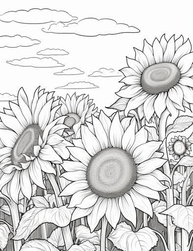 Coloring page for kids, sunflower field, cartoon style, thick lines, low detail, black and white, no shading --ar 85:110