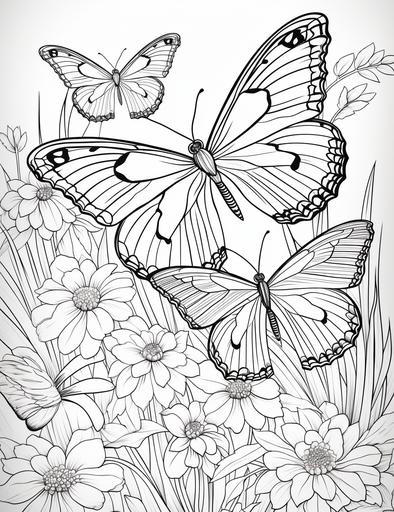 Coloring page for kids, vibrant butterfly garden with fluttering insects, cartoon style, thick lines, low detail, black and white, no shading --ar 85:110