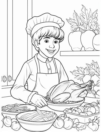 Coloring page line drawing, children's colouring page, simple thick lines, no shading, no greyscale, no grayscale, cartoon, thanksgiving dinner, cooked turkey, fall season, --no shading --ar 85:110