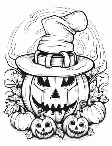 Coloring page line drawing, colouring page, simple thick lines, no shading, no greyscale, no grayscale, cartoon, jack o lantern, fall season, --no shading --ar 85:110