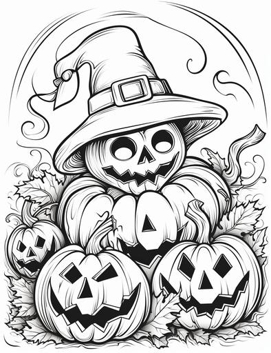 Coloring page line drawing, colouring page, simple thick lines, no shading, no greyscale, no grayscale, cartoon, jack o lantern, fall season, --no shading --ar 85:110