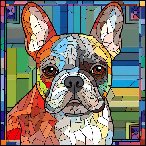Coloring page with a funny face French Bulldog is shown in white blank on a pattern of mosaic tiles, linear patterns and shapes, detailed wildlife, simplified, full color, no shading, hand-coloring, heavy inking, rtx on --v 5.2