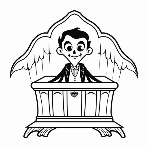 Coloring page. Cute Halloween cartoon. Vampire coffin. Black and white page for kids cartoon, simple style.