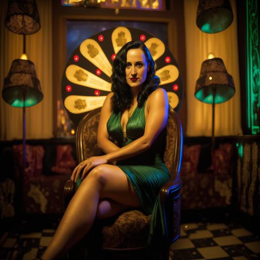 Colour photography 8k lowest angle dynamic full body wide shot 3/4 posture, seated legs crossed revealing shapely long legs, toned, and high pumps, gorgeous breathtaking 27 years stunning slim waist, big chest long raven black haired 1930 era dame in dim lit tarot parlour, mischievous come hither gesture, inspired by The fabulous Baker Boys and Michelle Pfeiffer   enigmatic looks of young Claudia Cardinale mixed with Raquel Welch   edge lighting, backlit, uplit, in deep revealing pearlescent white cocktail dress, diamond necklace and earrings, long black satin silk soirée gloves covering half of upper arms, lower arms, wrists, hands and fingers, 30's long wavy permanented hair, golden era of movie goddess divas   mischievous half smile  3/4 shot, head and neck and arms and hands with 5 fingers   no phantom limbs    art deco lamps uplit   lots of bohemian glass and reflections   photography style influenced by great pulp fiction covers of the 50's   black, red, olive , ochre, amber and golden lighting, rim light, edge light, backlighforced perspective high angle t  photos taken by hasselblad   cinematic frame ,Alan Lee, Michal Karch, Jason Park, André Wallen, Michal Klimczak, Juan Jimenez, Simon Stalenhag, hyper-realistic, hyper-detailed   professional lighting, photography lighting   chiaroscuro   cinematic shot  photo taken with Hasselblad   incredibly detailed, sharpen, details   professional lighting, photography lighting   50mm, 80mm, 100m--ar2:3 --v 4 --q 2