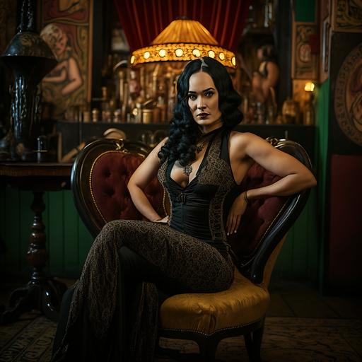 Colour photography 8k lowest angle dynamic full body wide shot 3/4 posture, seated legs crossed revealing shapely long legs, toned, and high pumps, gorgeous breathtaking 27 years stunning slim waist, big chest long raven black haired 1930 era dame in dim lit tarot parlour, mischievous come hither gesture, inspired by The fabulous Baker Boys and Michelle Pfeiffer   enigmatic looks of young Claudia Cardinale mixed with Raquel Welch   edge lighting, backlit, uplit, in deep revealing pearlescent white cocktail dress, diamond necklace and earrings, long black satin silk soirée gloves covering half of upper arms, lower arms, wrists, hands and fingers, 30's long wavy permanented hair, golden era of movie goddess divas   mischievous half smile  3/4 shot, head and neck and arms and hands with 5 fingers   no phantom limbs    art deco lamps uplit   lots of bohemian glass and reflections   photography style influenced by great pulp fiction covers of the 50's   black, red, olive , ochre, amber and golden lighting, rim light, edge light, backlighforced perspective high angle t  photos taken by hasselblad   cinematic frame ,Alan Lee, Michal Karch, Jason Park, André Wallen, Michal Klimczak, Juan Jimenez, Simon Stalenhag, hyper-realistic, hyper-detailed   professional lighting, photography lighting   chiaroscuro   cinematic shot  photo taken with Hasselblad   incredibly detailed, sharpen, details   professional lighting, photography lighting   50mm, 80mm, 100m--ar2:3 --v 4 --q 2