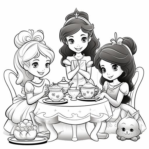 Colouring page for kids princess tea party, white background, black lines, no shading, black and white only, no other colours