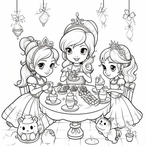 Colouring page for kids princess tea party, white background, black lines, no shading, black and white only, no other colours