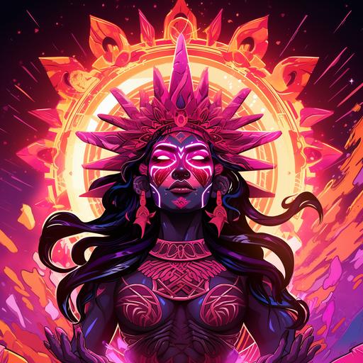 Comic Book style, Happy Aztec Sun Goddess surrounded by a corona of plasma, purple and pink flames, space background