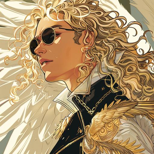 Comic book cover epic anime style of the profile silhouette of the Archangel Michael, wearing a white popped collar leather jacket with gold filigree design, black Aviator glasses, long blonde curly hair and a reflective floor --v 6.0