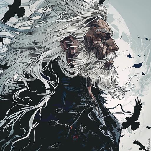 Comic book cover epic anime style of the profile silhouette of the Norse God Odin, wearing a white popped collar leather jacket with black raven filigree, long white hair and a reflective floor