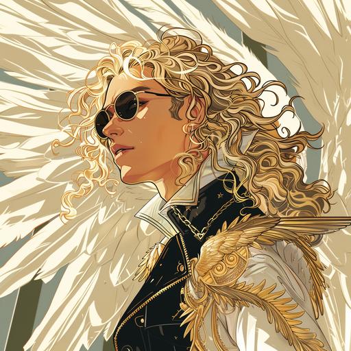 Comic book cover epic anime style of the profile silhouette of the Archangel Michael, wearing a white popped collar leather jacket with gold filigree design, black Aviator glasses, long blonde curly hair and a reflective floor --v 6.0