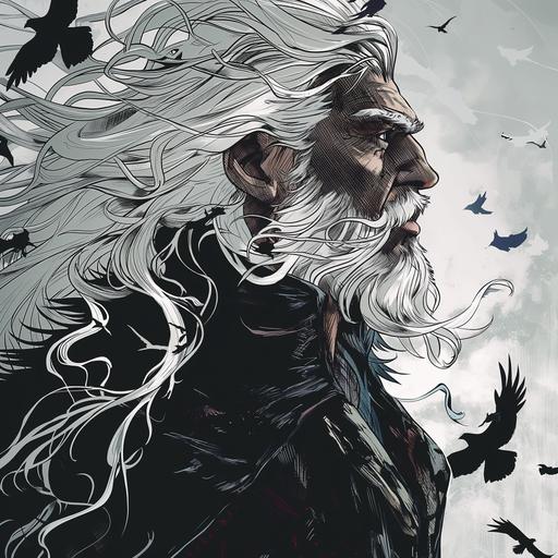 Comic book cover epic anime style of the profile silhouette of the Norse God Odin, wearing a white popped collar leather jacket with black raven filigree, long white hair and a reflective floor --v 6.0