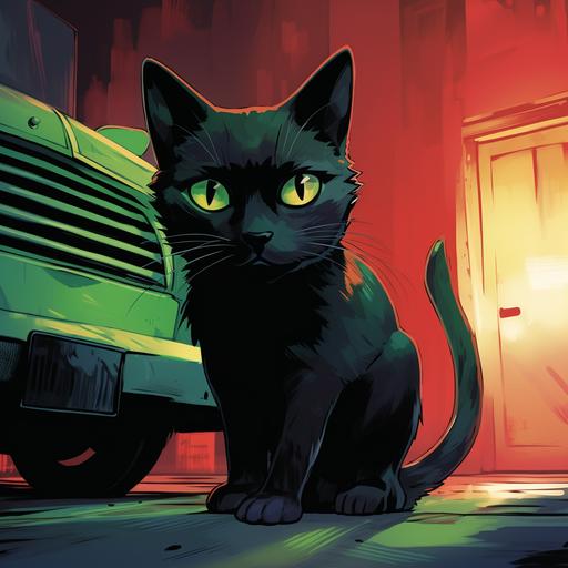 Comic book style. A small black cat, with green eyes, rather short hair. He seems both curious and suspicious. He is half in the shadows, half in the light, hidden under a car wreck.